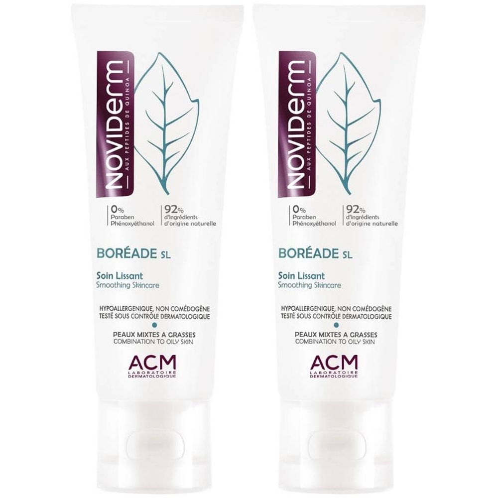 Deux tubes de Noviderm Boreade SL. Tubes blancs avec éléments violets et verts. Texte : Boreade SL, Soin Lissant, ACM.