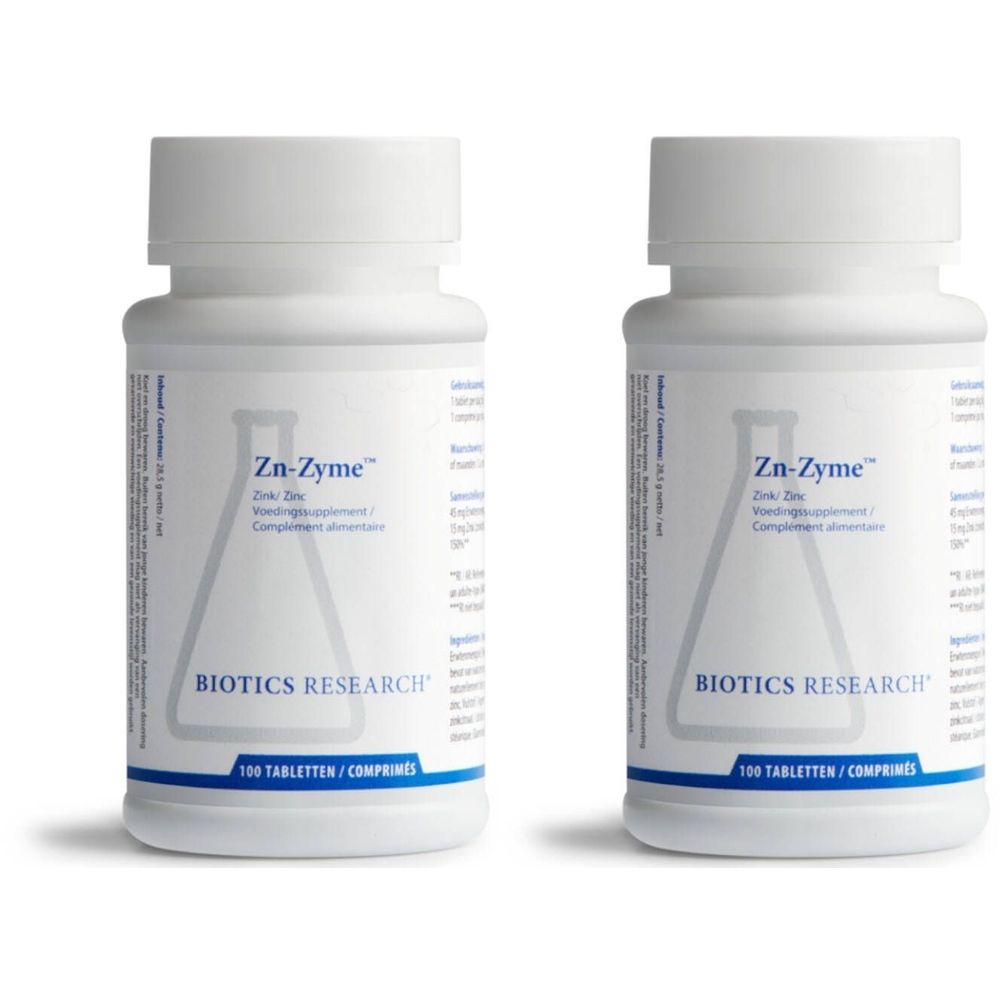 Twee witte flessen met schroefdop. Opschrift: Zn-Zyme, Biotics Research. Onder: 100 Tabletten/Comprimés.