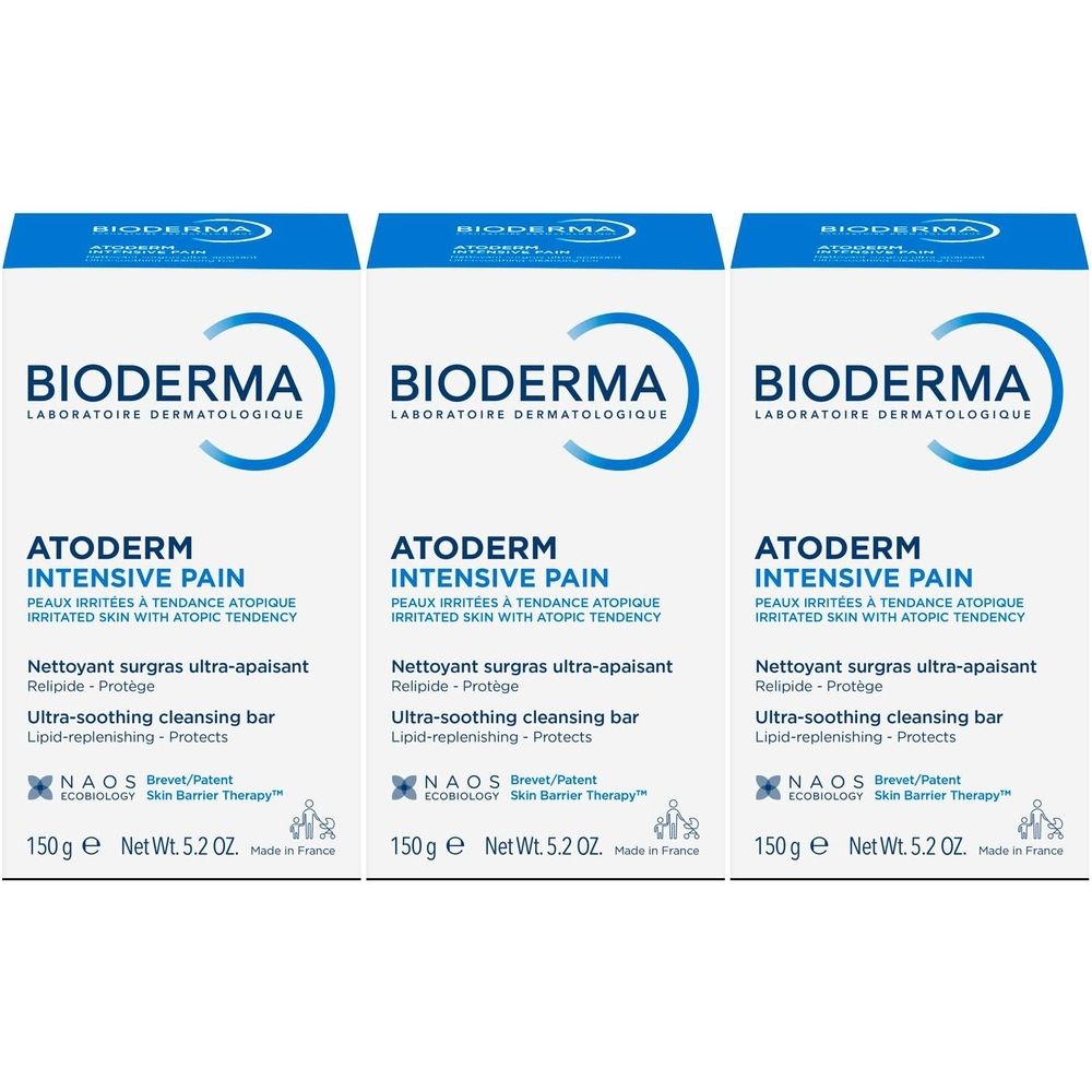 Drie witte dozen met blauwe tekst. Opschrift: Bioderma, Atoderm Intensive Pain. Ultra-verzachtende reinigingsbar.