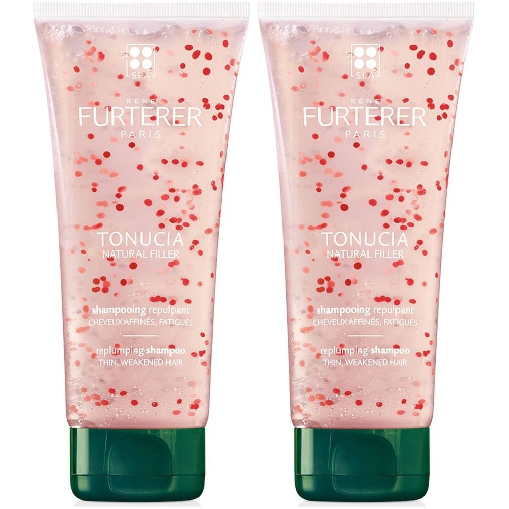 Deux tubes de shampooing. Gel transparent avec particules rouges. Bouchon vert. Inscription : René Furterer, Tonucia.