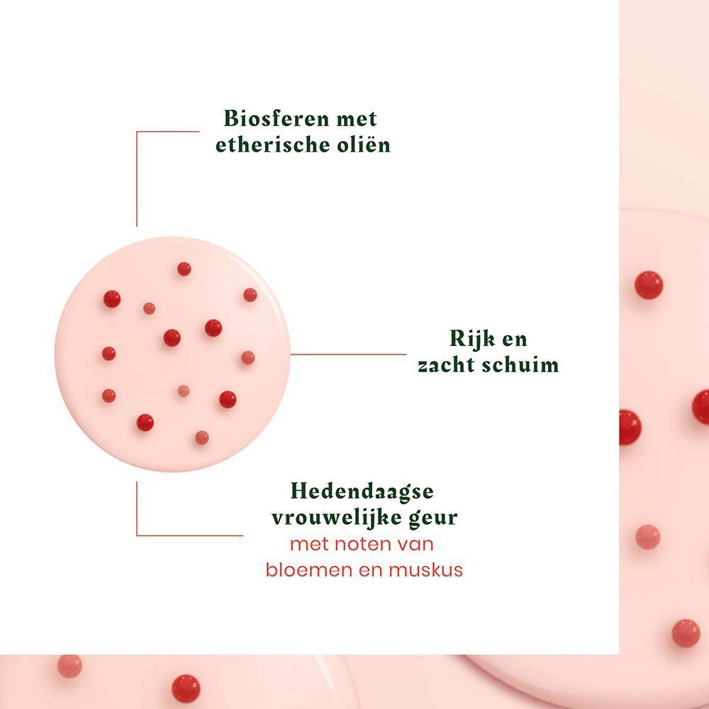 Roze schuim met rode bolletjes, biosferen met etherische oliën, rijk en zacht.