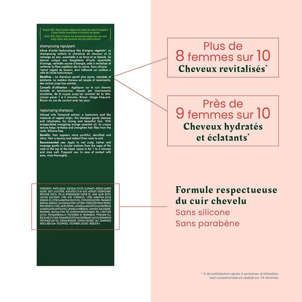 Bouteille de shampoing, texte sur cheveux revitalisés et hydratés, sans silicone ni parabène.