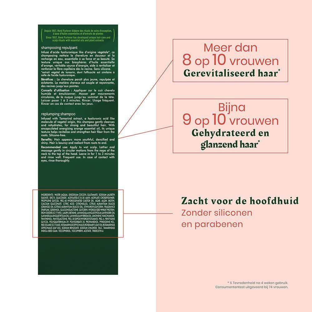 Flesetiket met tekst over haarverzorging, 8/10 vrouwen met gerevitaliseerd haar, 9/10 met gehydrateerd haar.