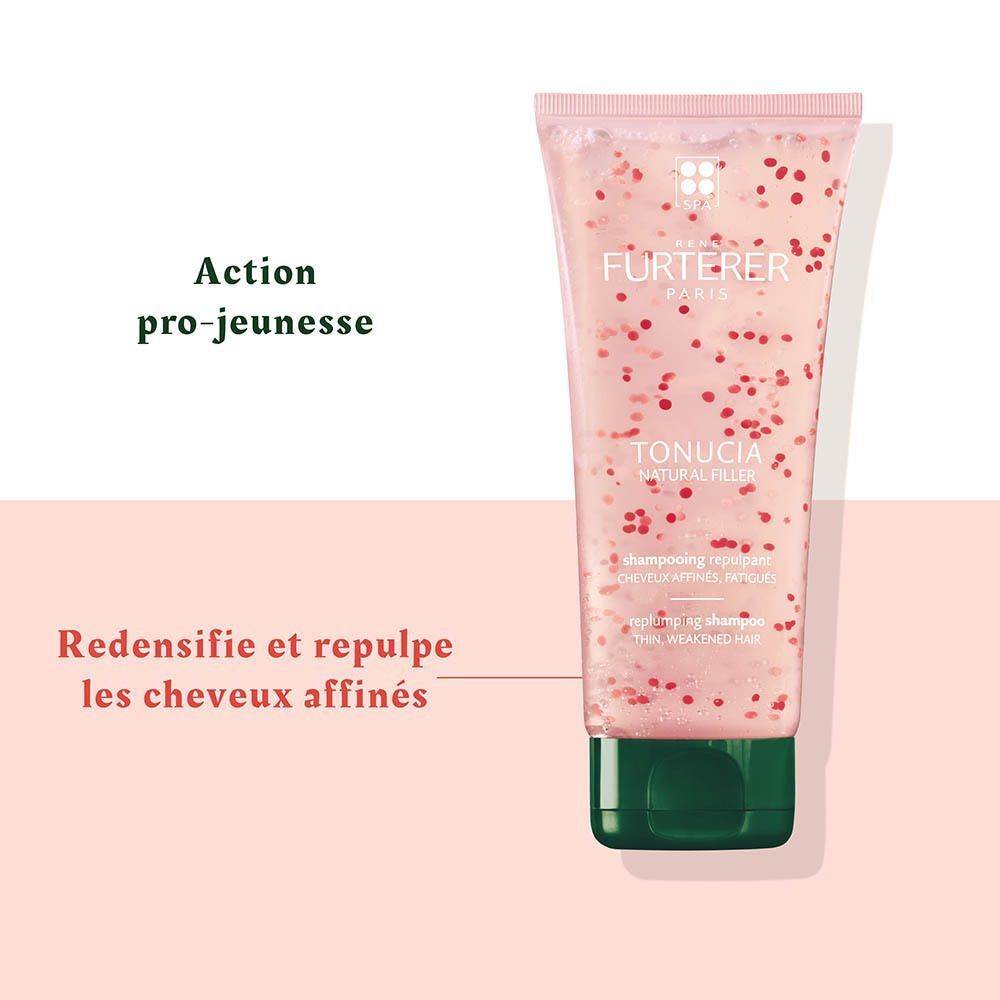 Shampoing René Furterer Tonucia Natural Filler avec des perles rouges dans un tube transparent.