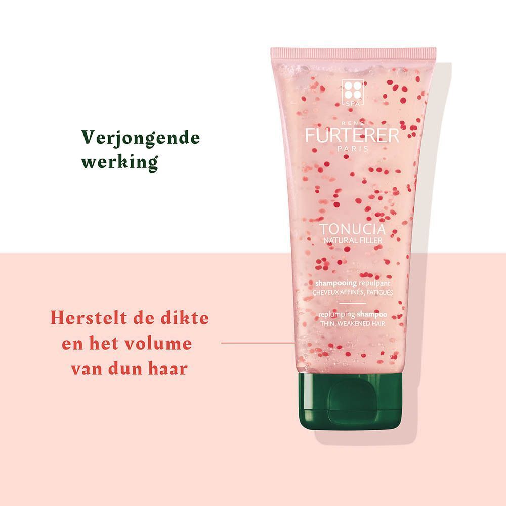 Fles haarverzorgingsproduct, transparant met rode bolletjes, merk René Furterer.