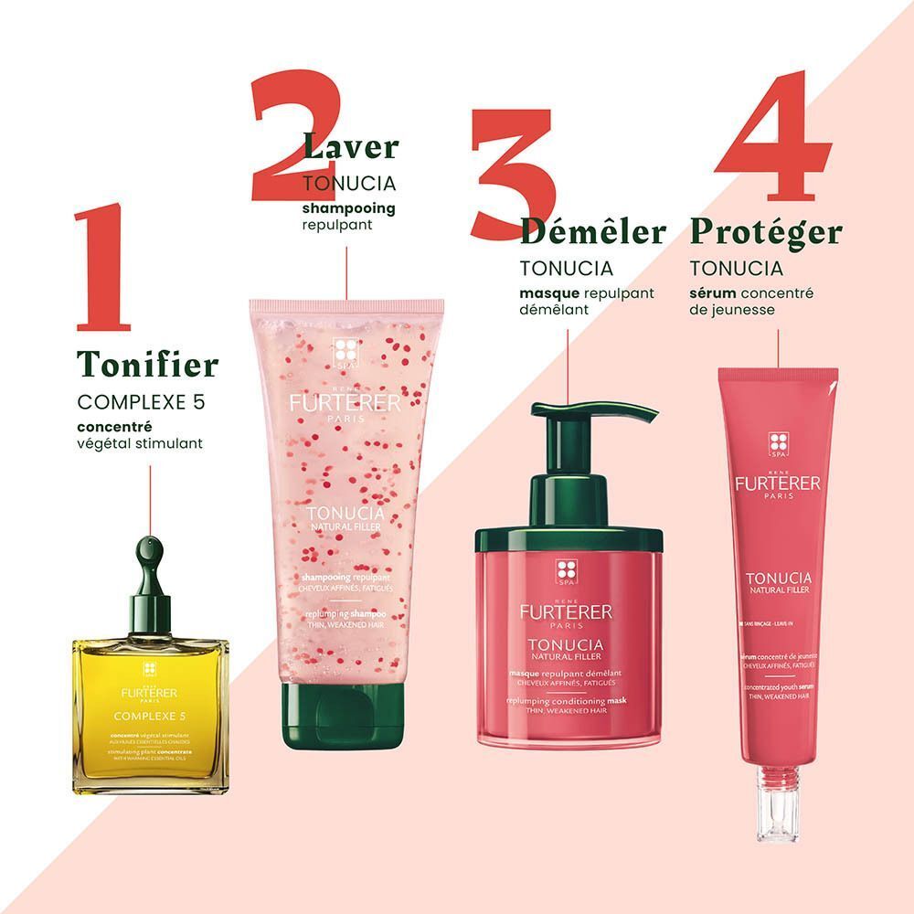 Quatre produits capillaires : concentré stimulant, shampooing exfoliant, masque réparateur et sérum jeunesse.