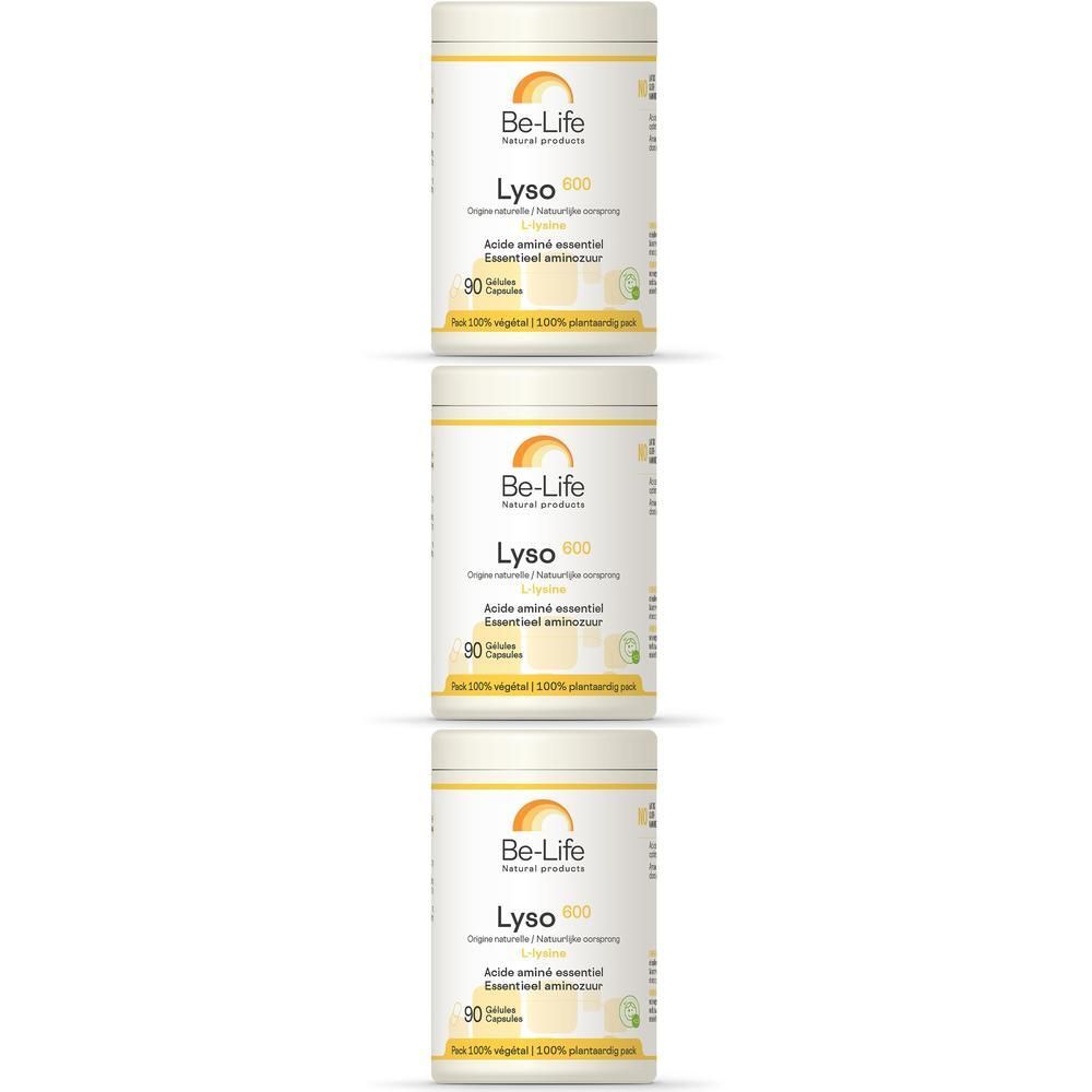 Drie potten "Lyso 600" met geel etiket. Opschrift: "Be-Life", "90", "Acide aminé essentiel".