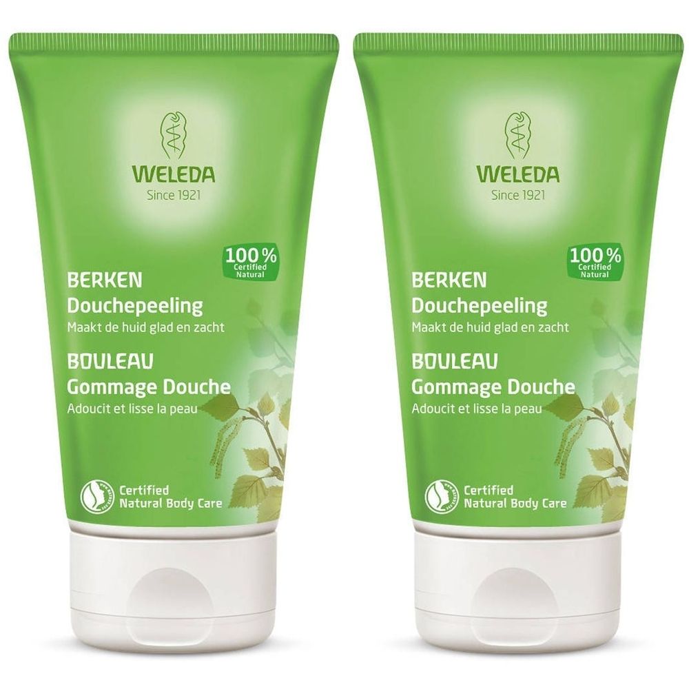 Deux tubes verts. Inscription: WELEDA, BERKEN Douchepeeling, BOULEAU Gommage Douche. Produit naturel certifié.