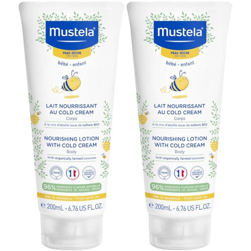 Deux tubes blancs Mustela. Inscription: Lait Nourrissant au Cold Cream, Peau Seche, bébé-enfant. Contenance 200ml.