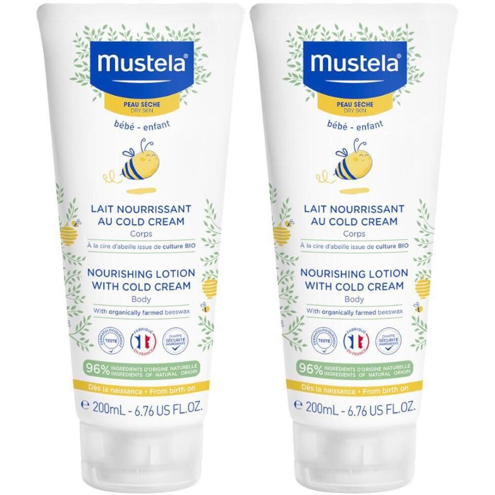 Twee tubes bodylotion. Wit, met blauwe en gele belettering. Opschrift: Mustela, Lait Nourrissant Au Cold Cream.