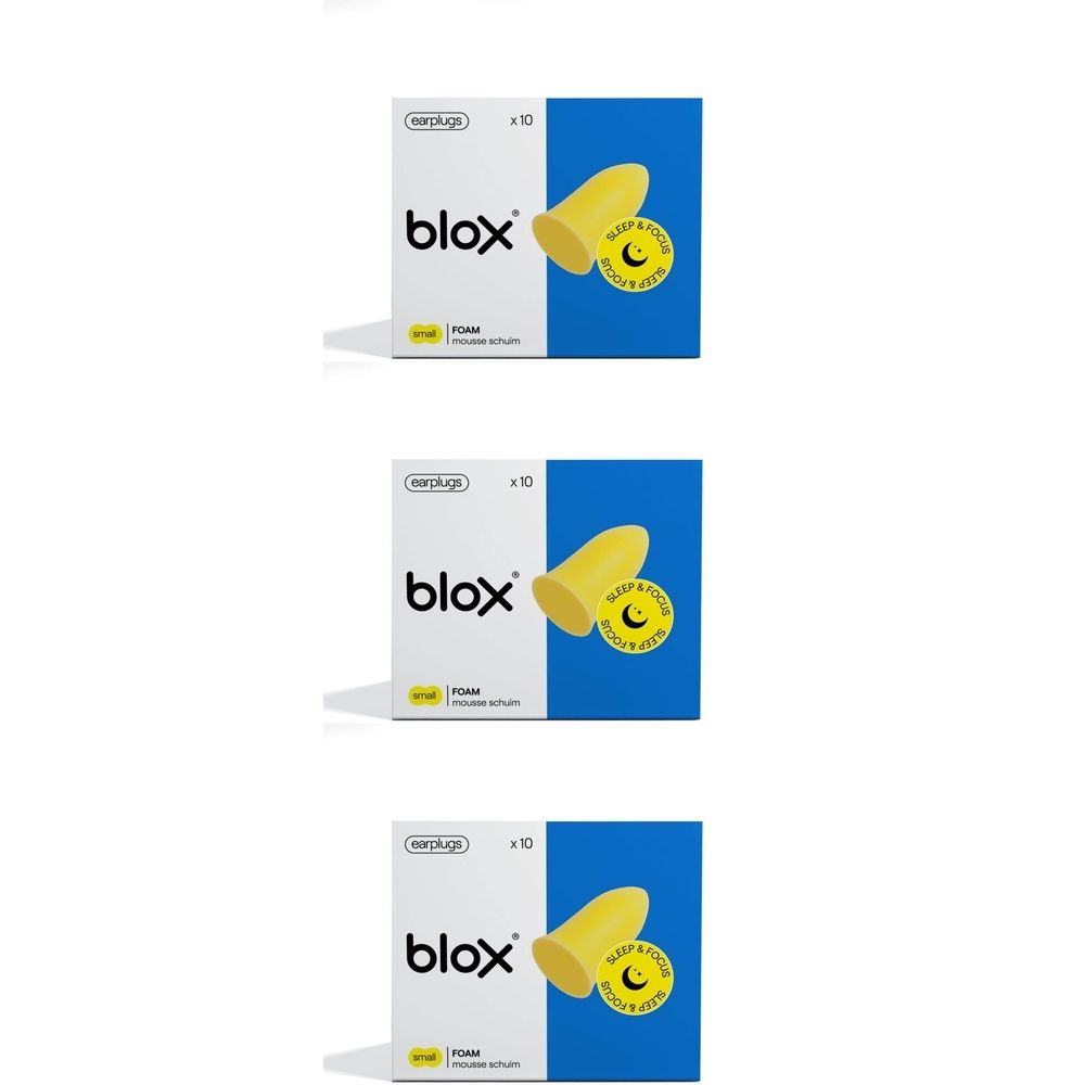 Drie dozen gele Blox® oordopjes. Elke doos toont het logo, het woord "FOAM" en de tekst "SLEEP & FOCUS".