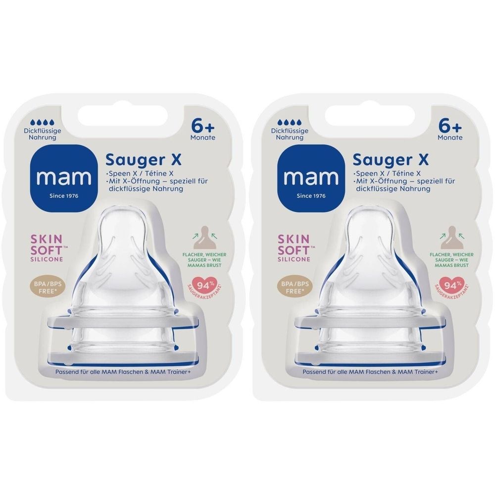 Deux tétines MAM Sauger X transparentes, emballées. Pour aliments épais. Recommandé pour les 6+ mois. Sans BPA/BPS.