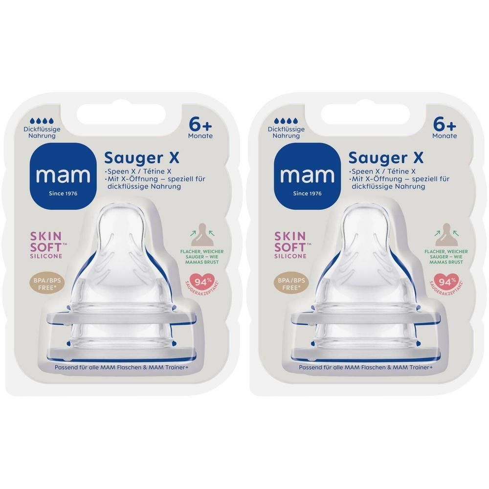 Deux tétines MAM X, 6+ mois, emballées. Silicone, sans BPA/BPS. Spécialement pour aliments épais.