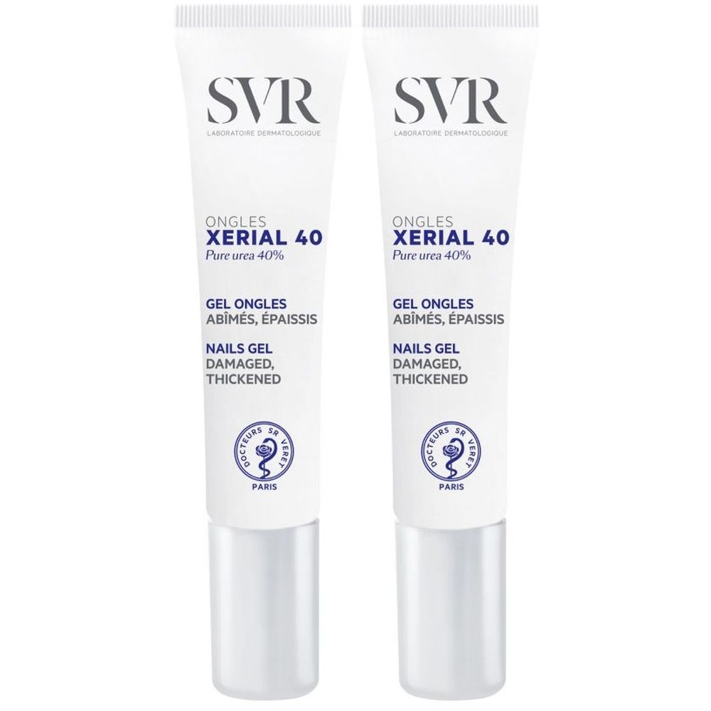 Twee tubes SVR Xérial 40 Ongles. Witte tubes met blauwe tekst. Tekst: Xérial 40, Gel Ongles, beschadigde, verdikte nagels. Logo.