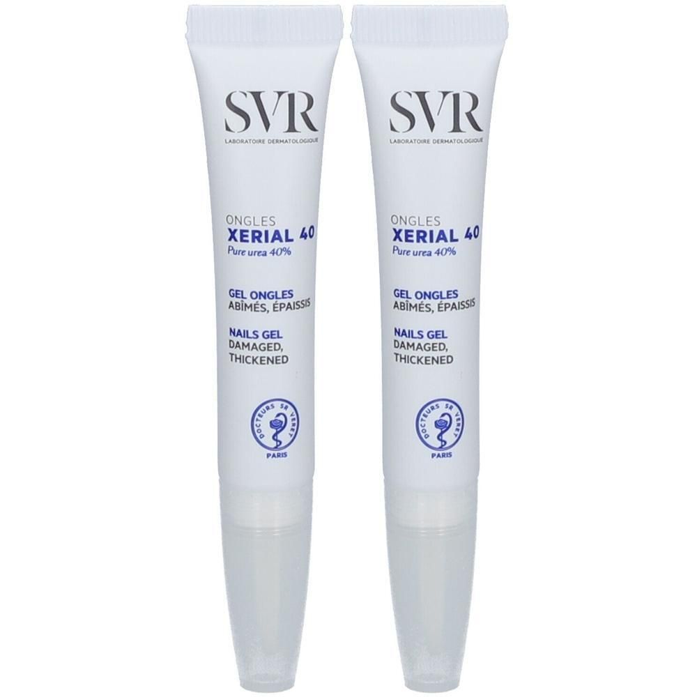 Twee witte tubes. Boven SVR, daaronder Xérial 40 Ongles. Tekst: Gel Ongles Abîmés, Épaissis. Logo.