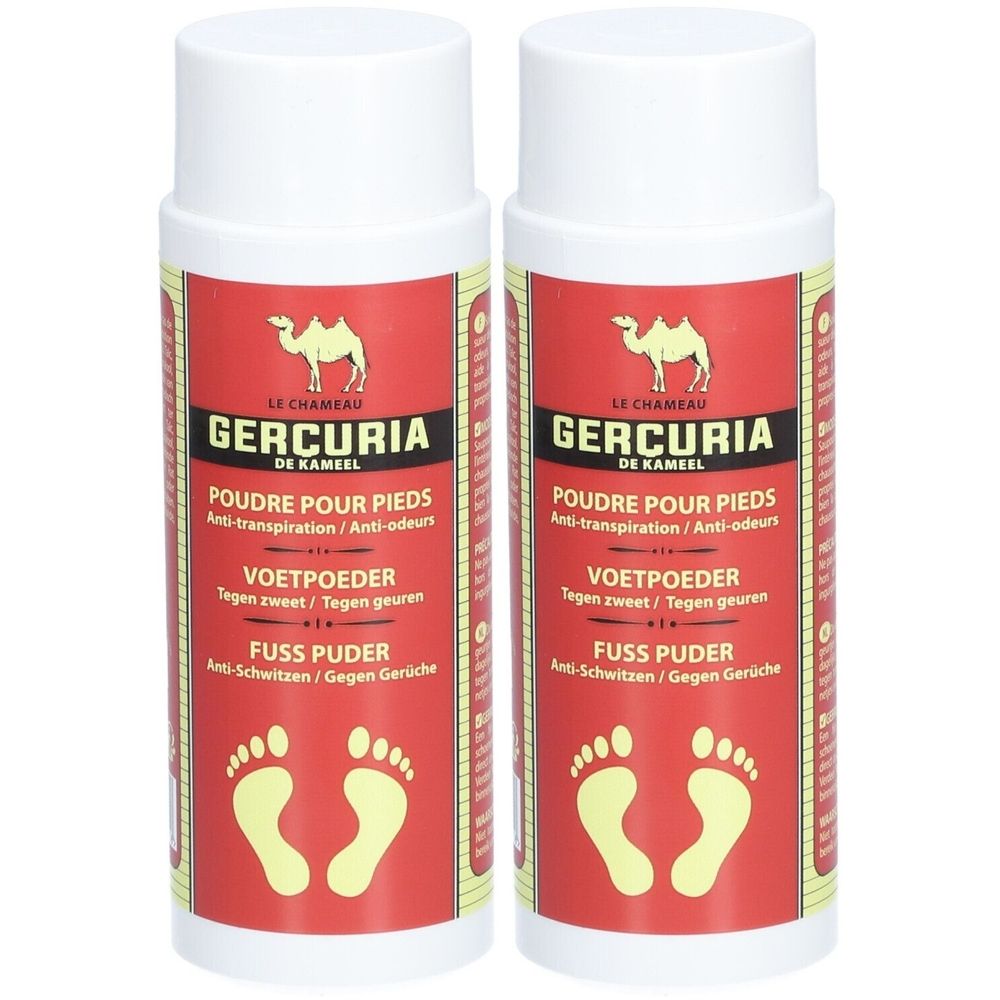 Twee witte flessen met rood etiket. Opschrift: GERCURIA, Poudre pour pieds, Fuss Puder. Kameel-logo.