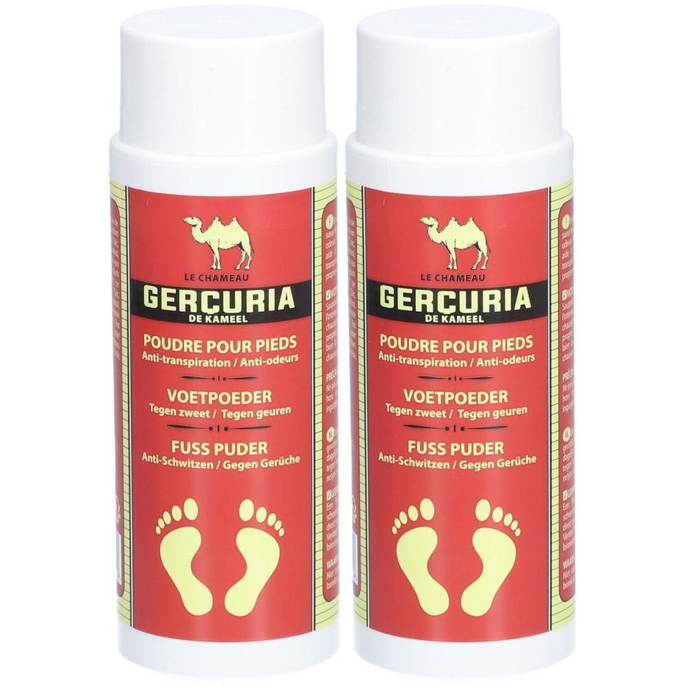 Twee witte flessen met rood etiket. Opschrift: GERCURIA, POUDRE POUR PIEDS, voetpoeder. Kameel-logo.