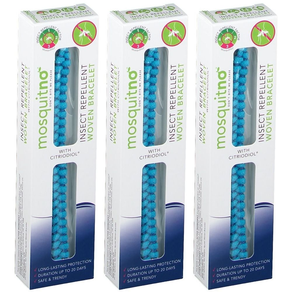 Trois boîtes de bracelets MosquitNo. Emballage blanc avec fenêtre sur bracelet bleu. Texte : Répulsif insectes, Citriodiol.