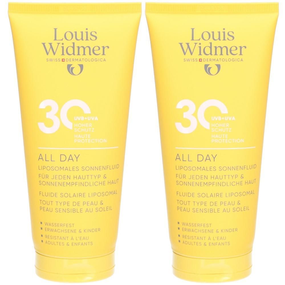 Twee gele tubes Louis Widmer All Day SPF30. Opschrift: 30, UVA/UVB, hoge bescherming. Liposomaal zonnefluïdum.