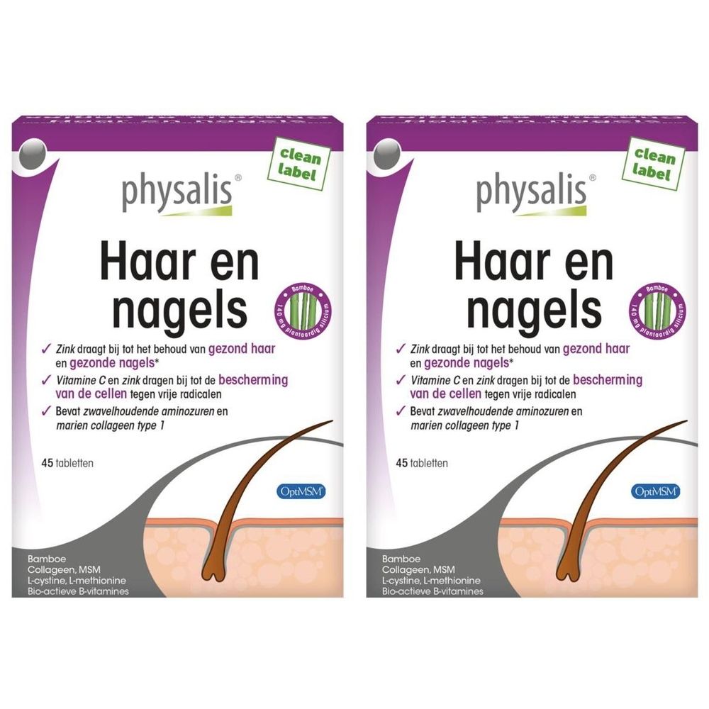 Twee dozen Physalis Haar en nagels. Witte dozen met paarse accenten. Tekst en illustraties.