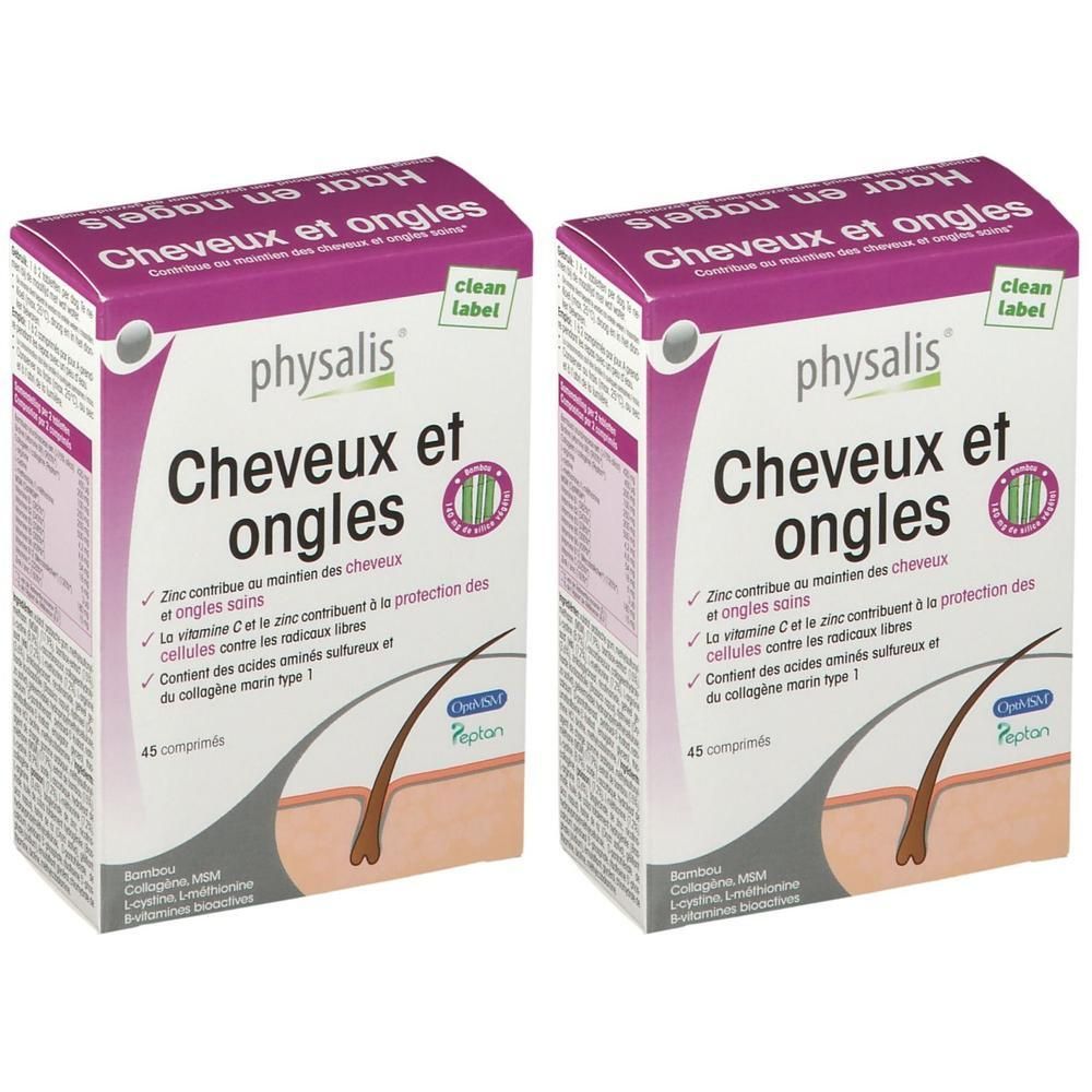 Twee dozen "physalis" Cheveux et ongles. Paars-witte dozen met productinformatie en een haar- en nageldiagram.