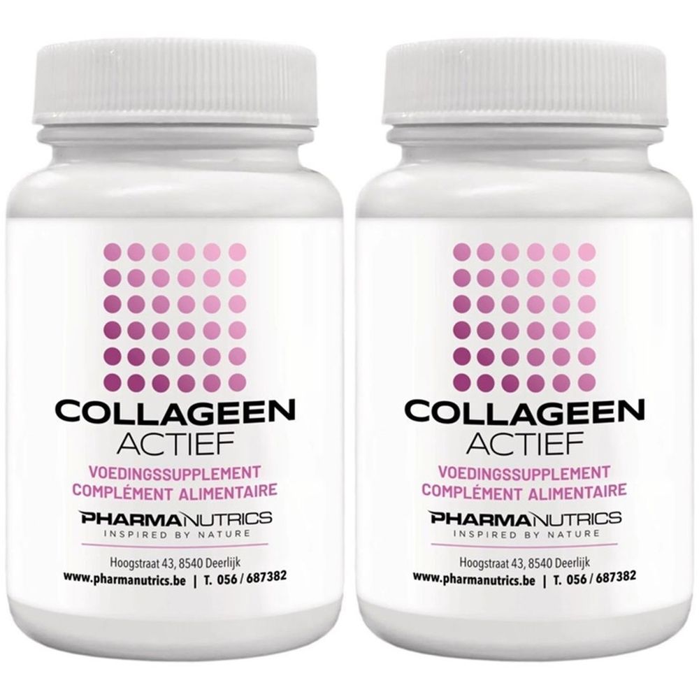 Twee witte flessen met schroefdop. Opschrift: COLLAGEEN ACTIEF, VOEDINGSSUPPLEMENT, COMPLÉMENT ALIMENTAIRE. Merk: PHARMANUTRICS.