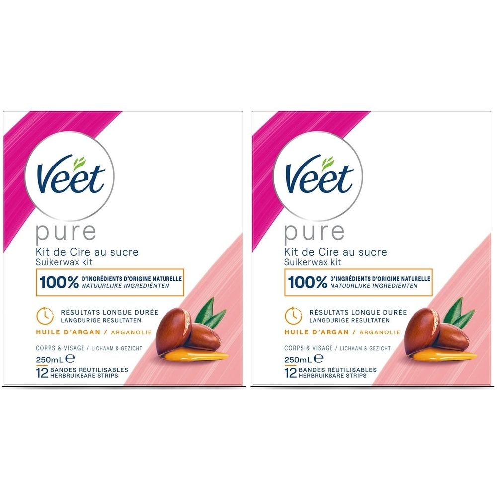 Deux kits de cire au sucre Veet Pure. Emballage blanc avec accents roses. Contient du texte en français et en néerlandais. Illustration d'huile d'argan.