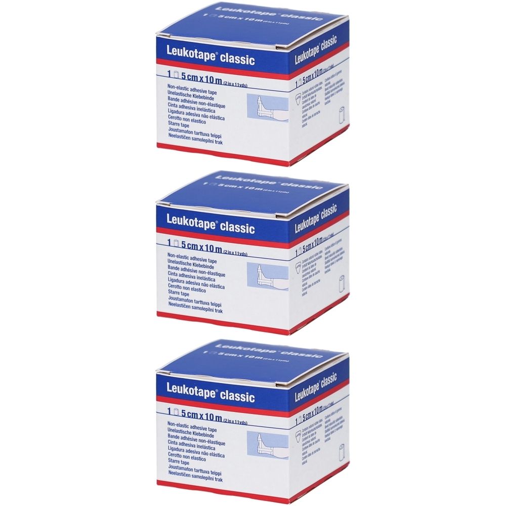 Drie dozen Leukotape classic. Blauwe deksels, rode strepen, productinformatie. 5 cm x 10 m. Opschrift: Non-elastic adhesive tape.