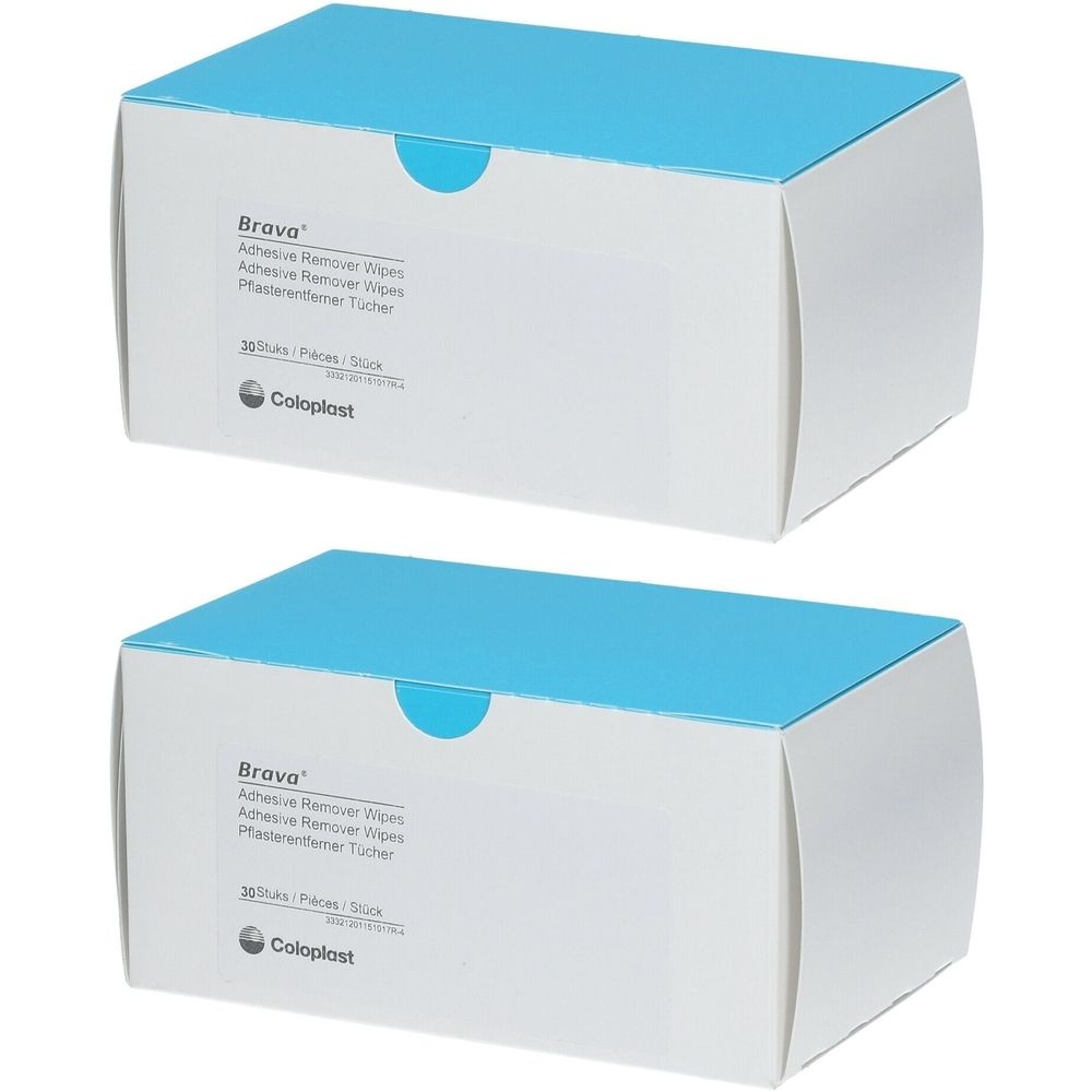Deux boîtes de Brava Adhesive Remover Wipes. Blanches avec couvercle bleu. Inscription : Brava, Adhesive Remover Wipes, Coloplast.
