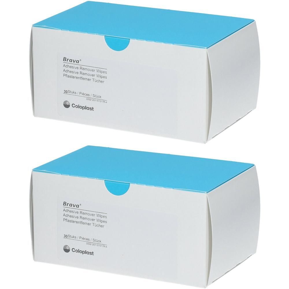 Deux boîtes de Coloplast Brava® Adhesive Remover Wipes. Blanches avec couvercle bleu. Texte: Brava®, Coloplast.