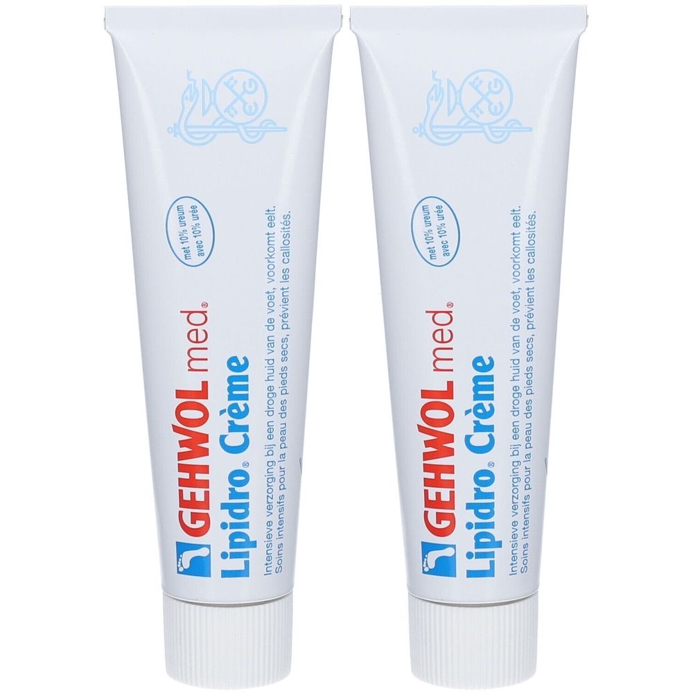 Twee tubes Gehwol med. Lipidro Crème. Witte tubes met blauwe tekst en logo. Tekst in het Nederlands en Frans.