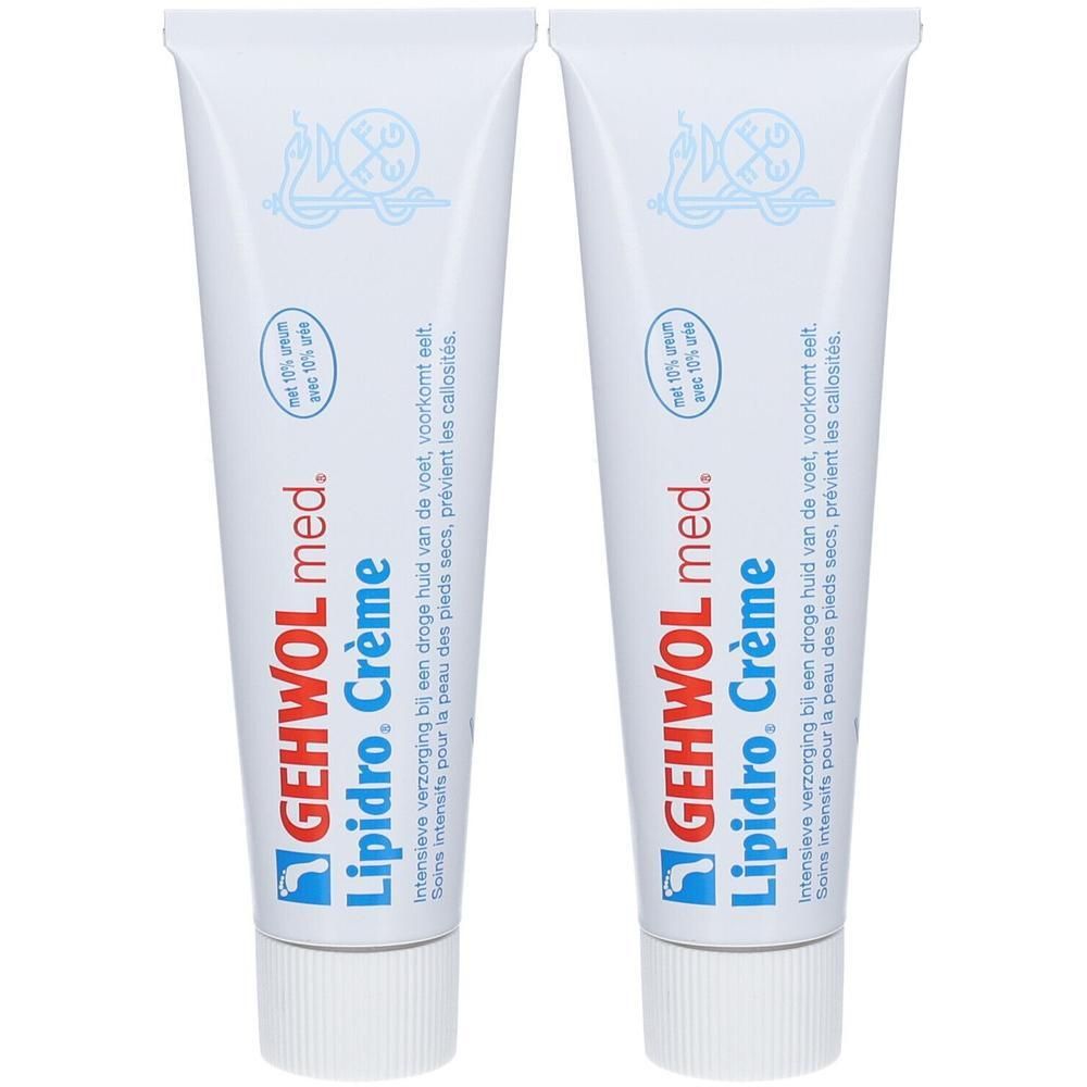 Twee tubes Gehwol med. Lipidro Crème. Witte tubes met blauwe tekst en logo. Opschrift: Intensieve verzorging voor de droge huid.