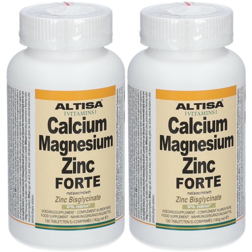Deux flacons de Altisa Calcium Magnésium Zinc Forte. Flacons blancs avec étiquettes jaunes. Texte: Calcium, Magnésium, Zinc Forte.
