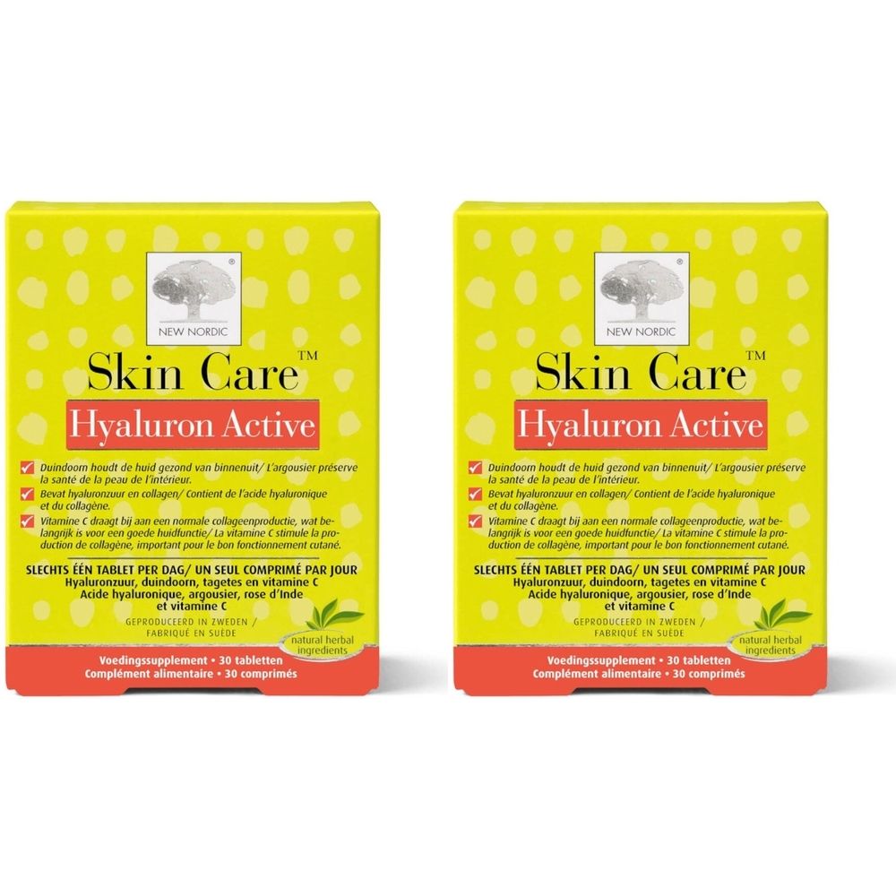 Deux boîtes jaunes Skin Care Hyaluron Active. Texte: « Slechts een tablet per dag ». Marque New Nordic.