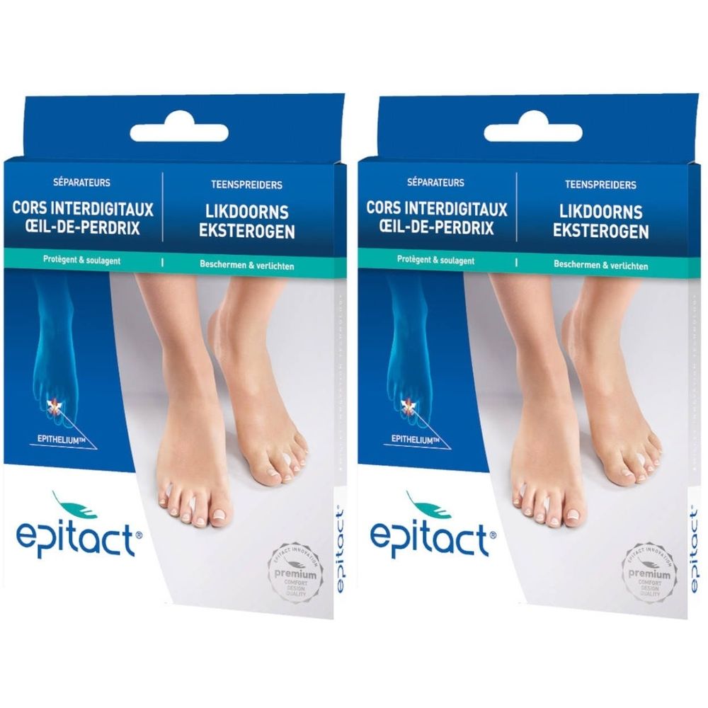Twee Epitact-verpakkingen. Blauwe verpakking met voeten. Tekst: Séparateurs, Cors interdigitaux, Likdoorns Eksterogen. Epitact-logo.