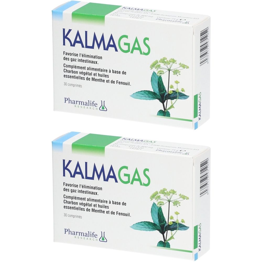 Deux boîtes KALMAGAS. Texte : Favorise l'élimination des gaz intestinaux. Complément alimentaire à base de charbon végétal et huiles essentielles.