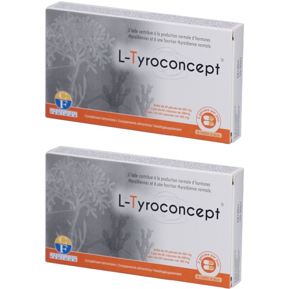 Twee dozen L-Tyroconcept. Witte verpakking met oranje accenten. Merk Fenioux. Franse tekst.