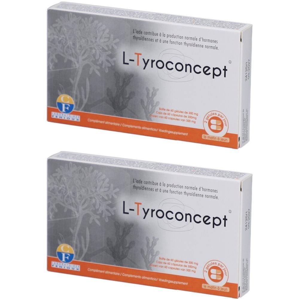 Twee dozen L-Tyroconcept, wit met blauwe tekst. Opschrift: Fonction thyroïdienne. Merk FENIOUX.