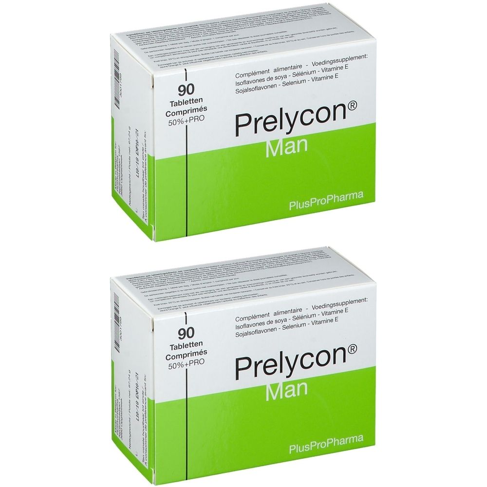 Deux boîtes de Prelycon Man. Emballage blanc avec un champ vert. Inscription : 90 comprimés, Prelycon Man, PlusProPharma.