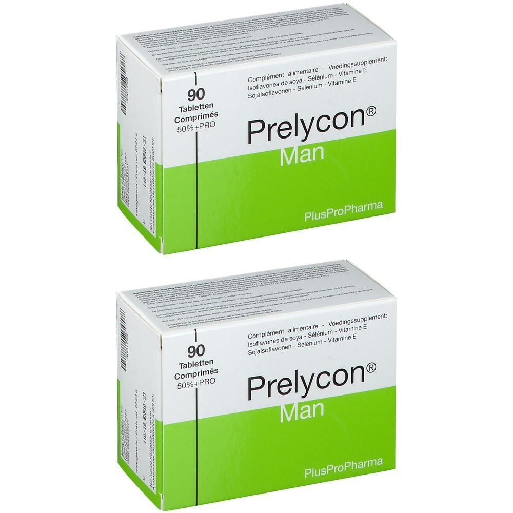Deux boîtes de Prelycon Man. Boîtes blanches avec des accents verts. Inscription: 90 comprimés, Prelycon Man, PlusProPharma.