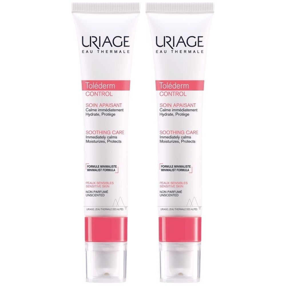 Twee tubes Uriage Toléderm Control Soin Apaisant. Wit, met roze en grijze tekst. Productnaam en merk duidelijk zichtbaar.
