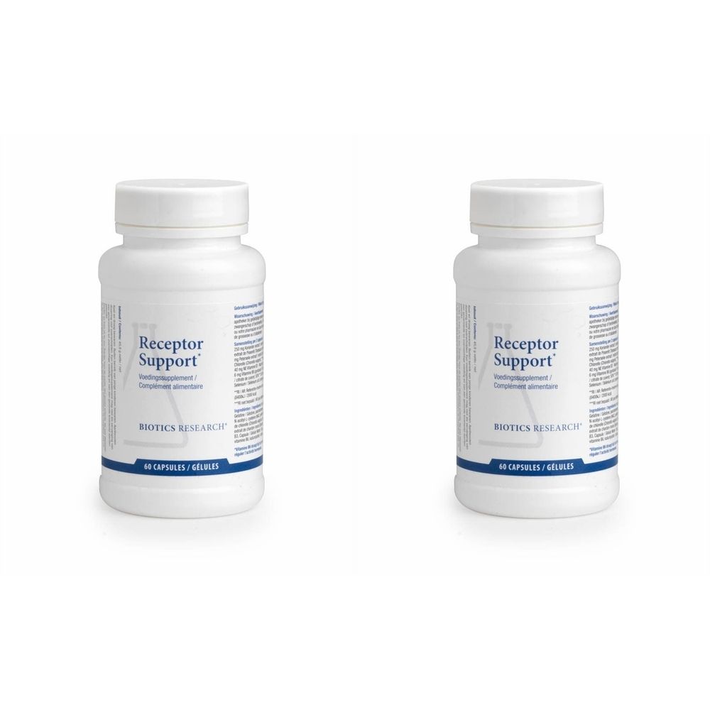 Deux flacons blancs avec l'étiquette "Receptor Support". Écriture et bande bleues. Capsules.