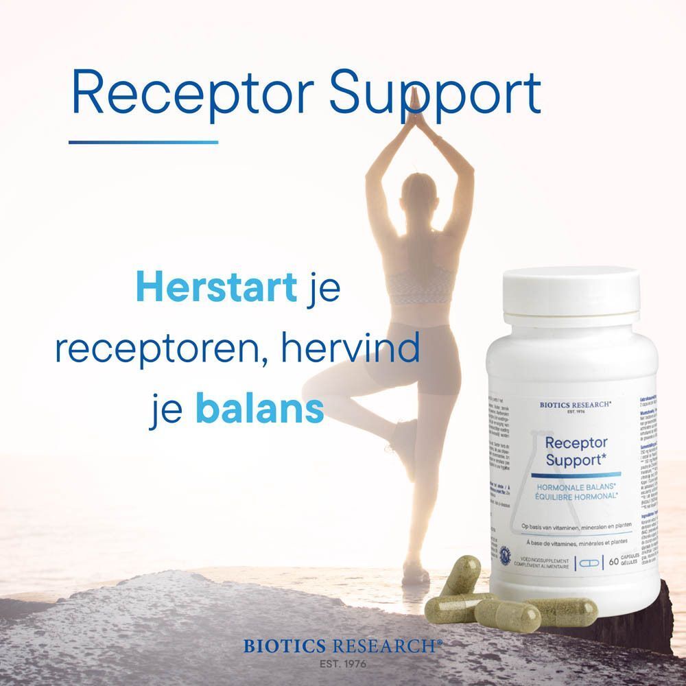 Twee flessen Receptor Support en vier capsules.