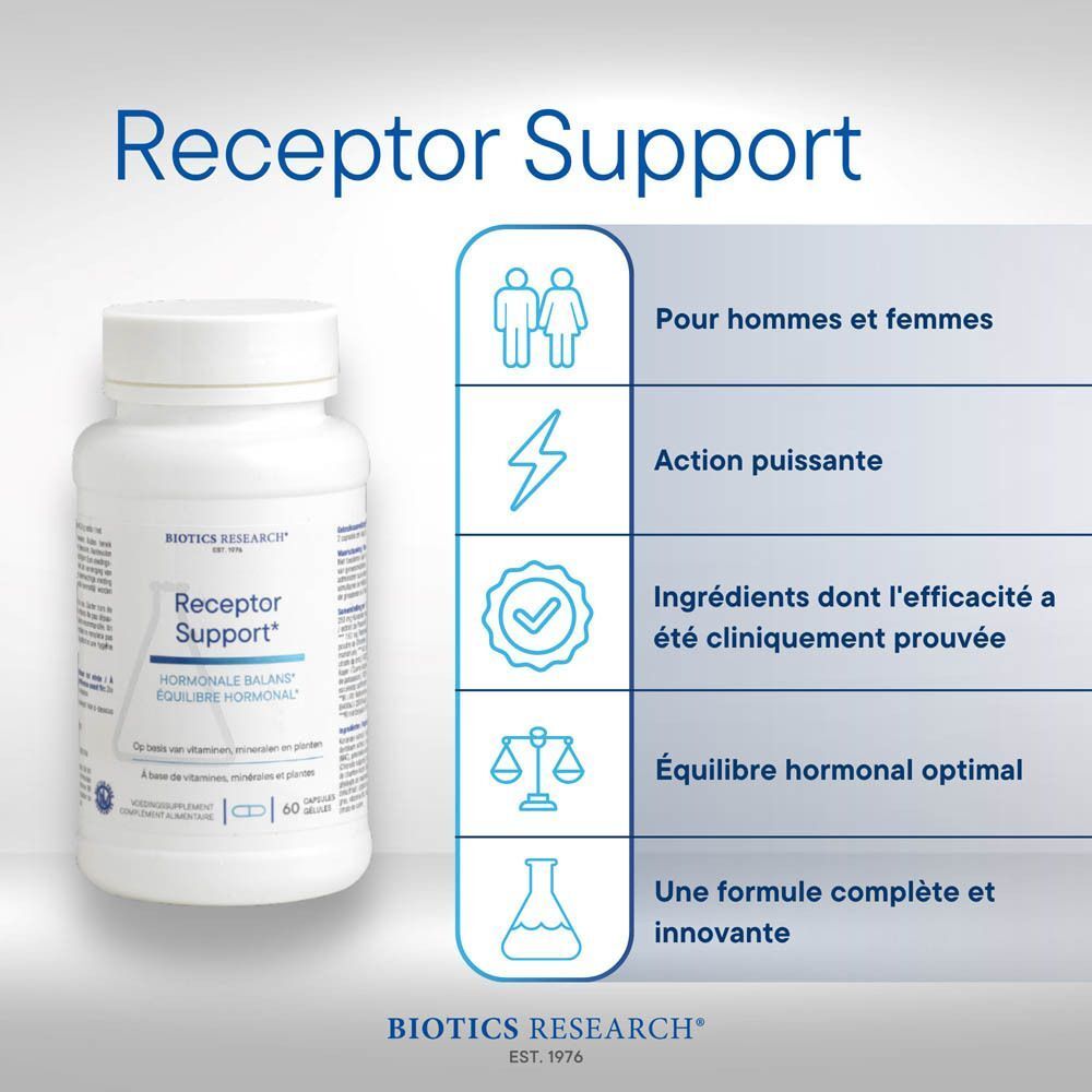 Receptor Support: Femme en posture de yoga, bouteille et gélules.