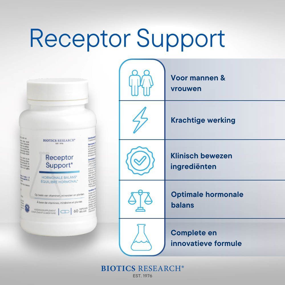 Receptor Support: Vrouw in yogahouding, fles en capsules.