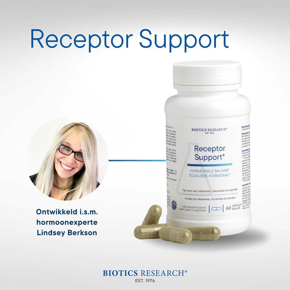Receptor Support: Fles, iconen man/vrouw, energie, kwaliteit, balans, laboratorium.