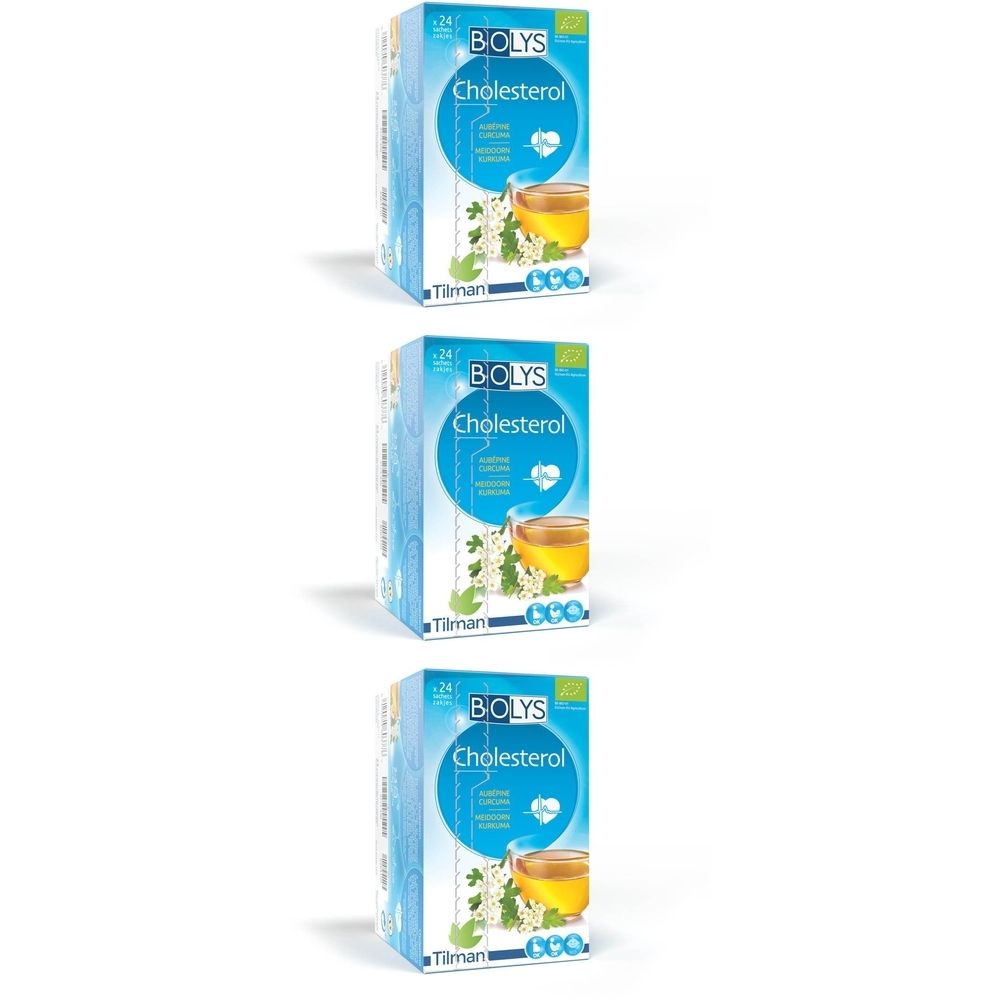Drie dozen Biolys Cholesterol. Blauwe verpakking met productnaam en afbeelding van een drankje. Biologische certificering.