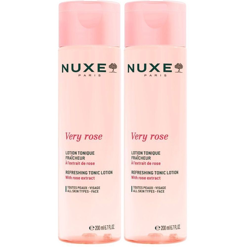 Twee roze flessen Nuxe Very Rose Lotion Tonique Fraîcheur. Opschriften: Nuxe, Very Rose, Lotion Tonique Fraîcheur, met rozenextract.