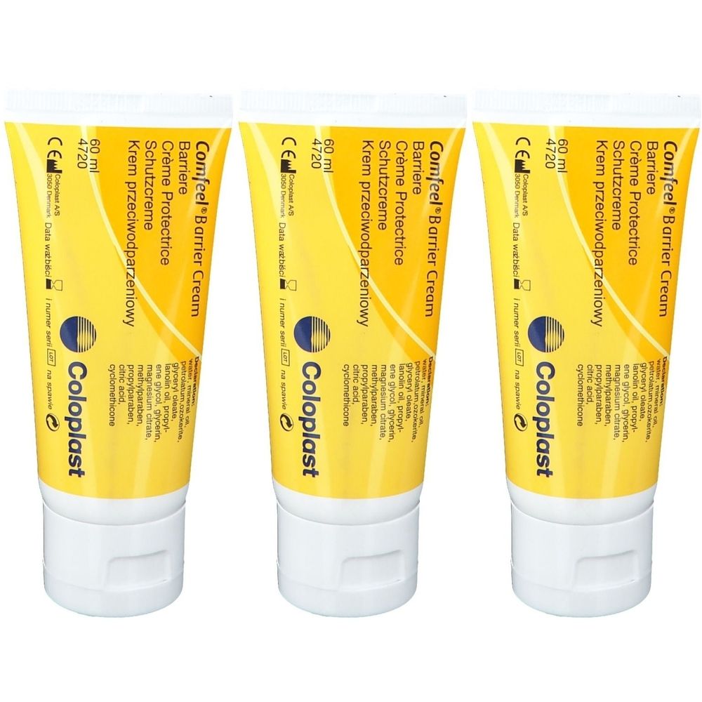 Drie tubes Comfeel Barrier Cream. Gele tubes met witte dop. Opschrift: Barrière, Crème Protectrice, Schutzcreme, Krem przeciwodparzeniowy.