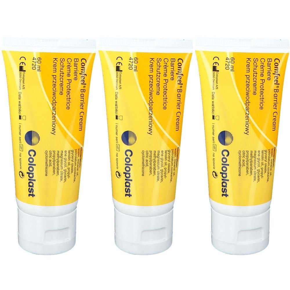 Drie tubes Coloplast Comfeel Barriere Crème Protectrice. Gele tubes met witte dop. Opschrift in meerdere talen.